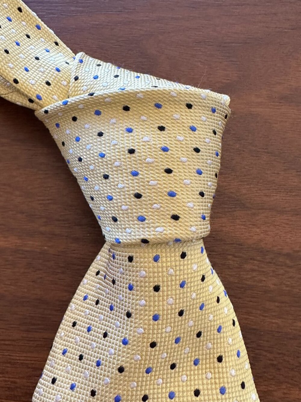 Domenico Vacca seven fold Tan Blue Polka Dot Silk Tie